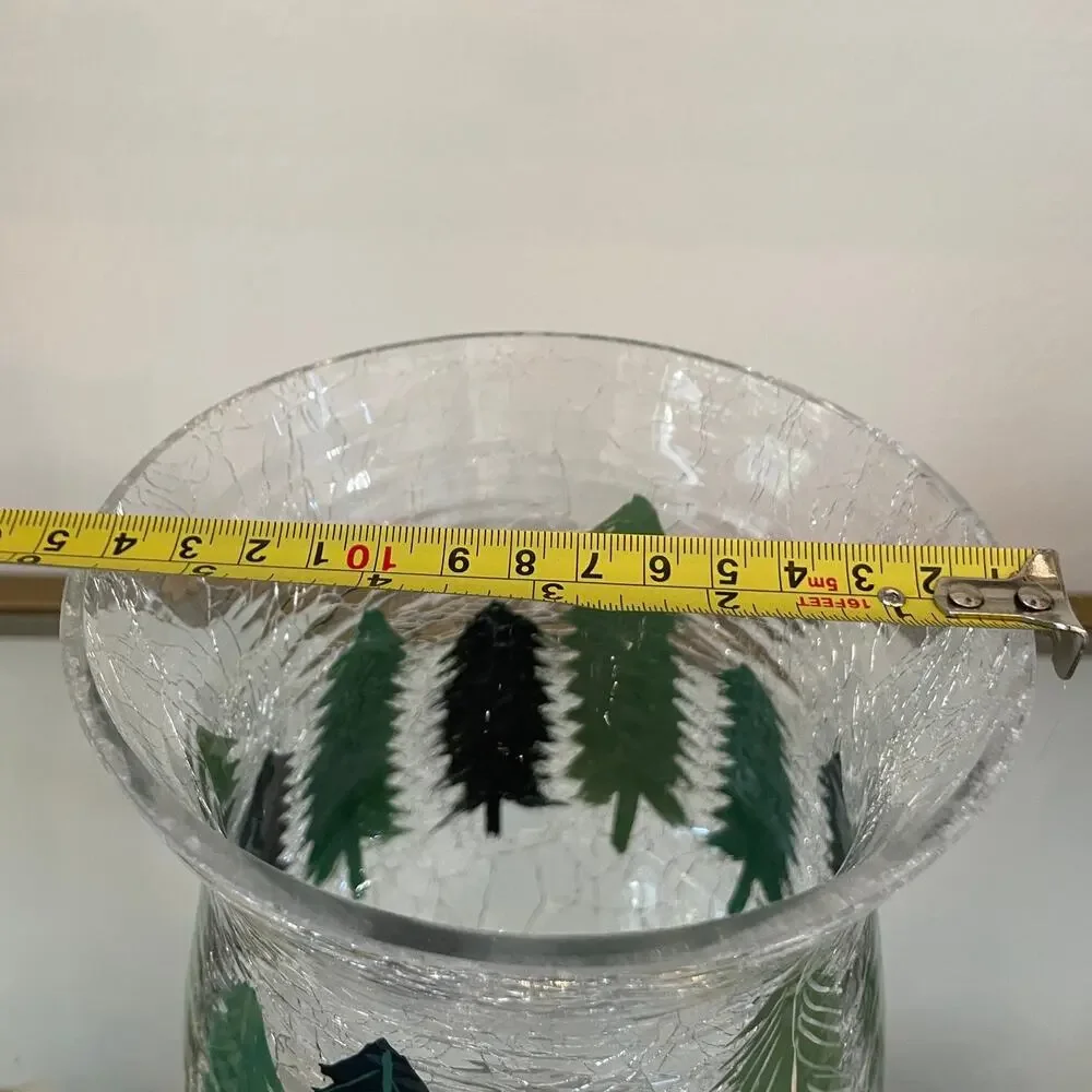 Christmas Pine Tree Crackle Glass Hurricane Candle Holder 8 x 5.5 Holiday New
